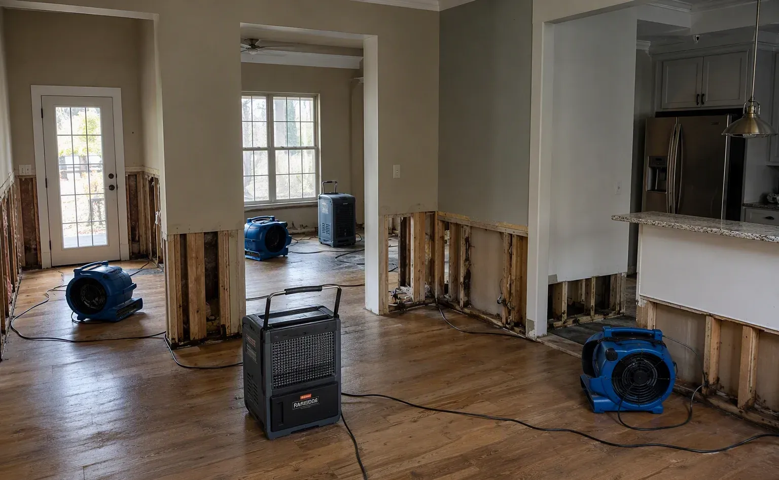 Flood cleanup and water-damaged carpet removal in a Sumter home