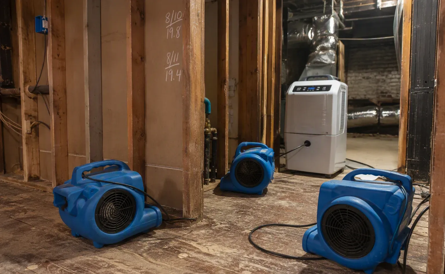 Structural drying with dehumidifiers and air movers in a Sumter home